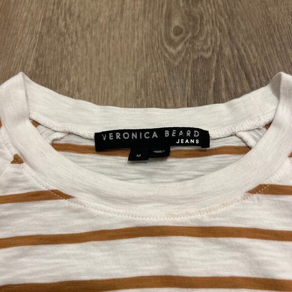 Veronica Beard Mason Stripe Puff Sleeve Baseball Tee White Caramel Size M - Picture 13 of 16